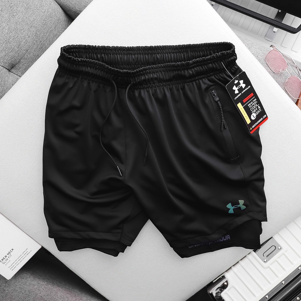 Quần Short Thể Thao đùi tập gym nam 2 lớp lót legging Under Amour và túi đựng điện thoại Hàng Xuất Xịn Có Big Size