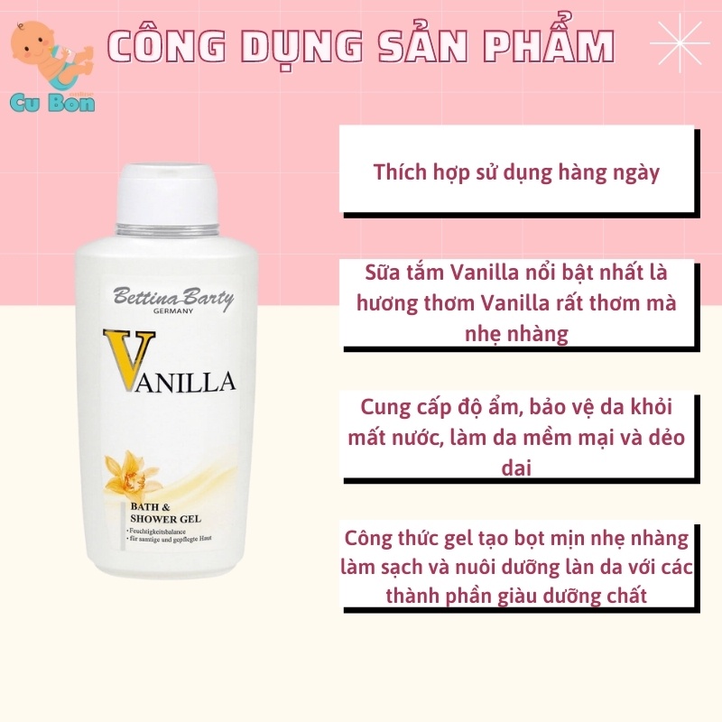 Sữa Tắm Nước Hoa trắng da của Đức cao cấp Bettina Barty Vanila 500ml Giữ Hương Thơm Lâu Tự Nhiên làn da mịn màng mềm mại