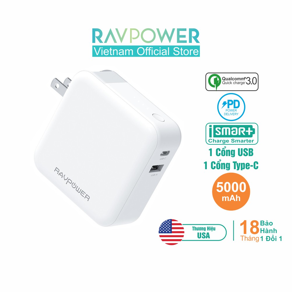 Pin Sạc Dự Phòng RAVPower 5000mAh Cổng In/Out Type-C PD 18W, Tích Hợp Cổng Input AC