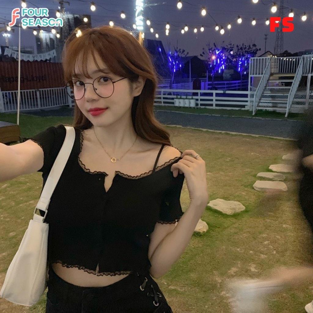 Áo croptop tay ngắn cổ vuông viền ren co giãn ôm body ACT07 4S áo thun nữ hottrend mềm mịn chất lượng