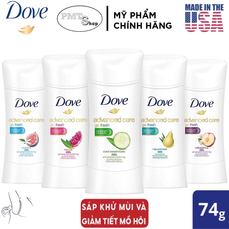 [USA] Lăn sáp khử mùi nữ Dove Invisible Advanced Care 74g Cool Essentials | Beauty Clear Finish 100 | Revive Powder - Mỹ