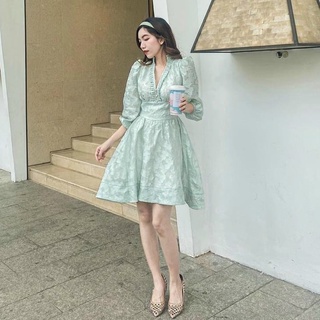 Đầm Tiểu Thư ⚡️FREESHIP⚡️ Dáng Xòe Cổ V Tay Dài Xòe Phồng Phối Nút Kiểu