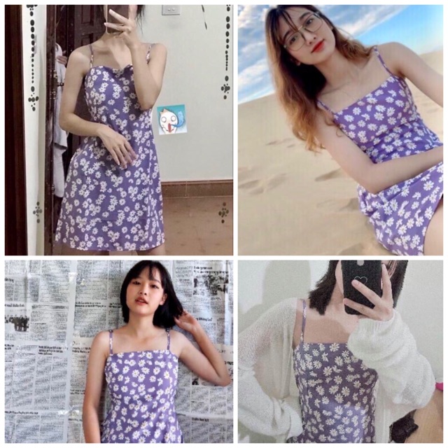 [Ảnh thật/Video] Váy 2 dây hoa cúc 2 màu đen/tím - đầm 2 dây hoa nhí ( có bán áo len mỏng khoác ngoài) | BigBuy360 - bigbuy360.vn