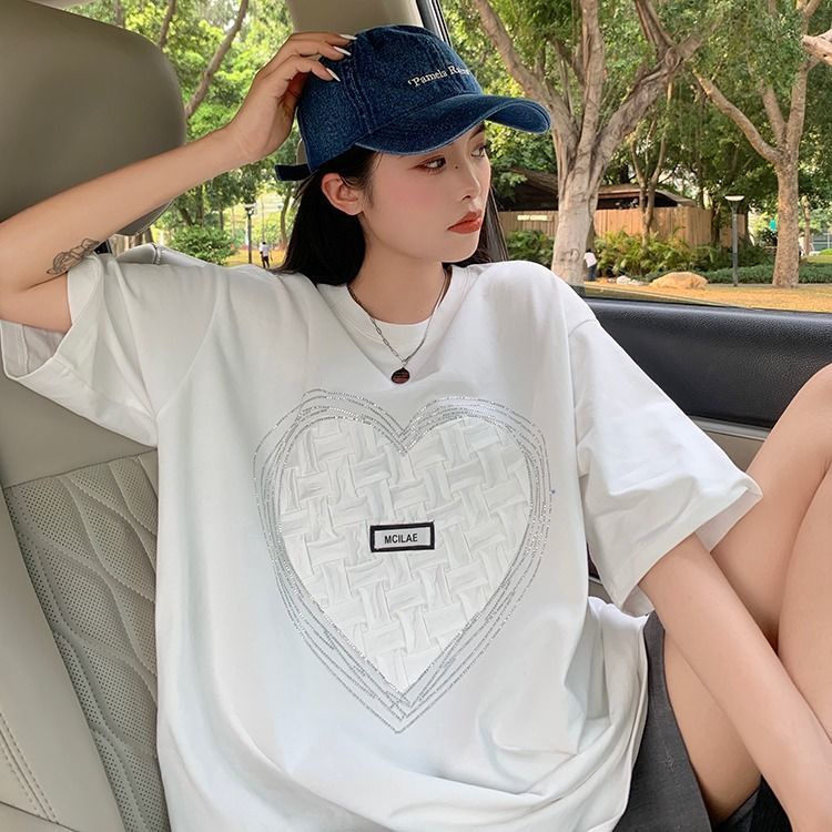 Áo Thun Tay Ngắn Dáng Rộng Đính Đá Thiết Kế Mới Thời Trang Dành Cho Nữ