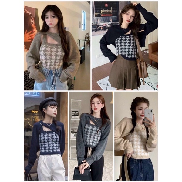 Sét áo len 2 món gồm áo 2 dây kèm áo quây ngoài hàng QCCC | BigBuy360 - bigbuy360.vn