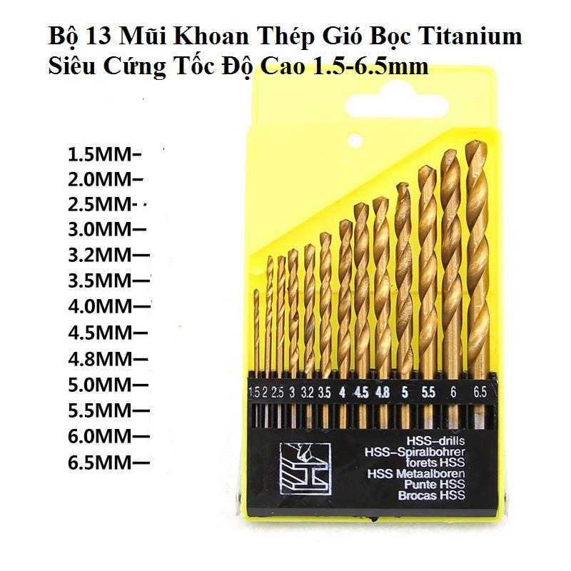 Bộ mũi khoan xoắn 13 món bằng thép gió HSS siêu cứng mạ titan