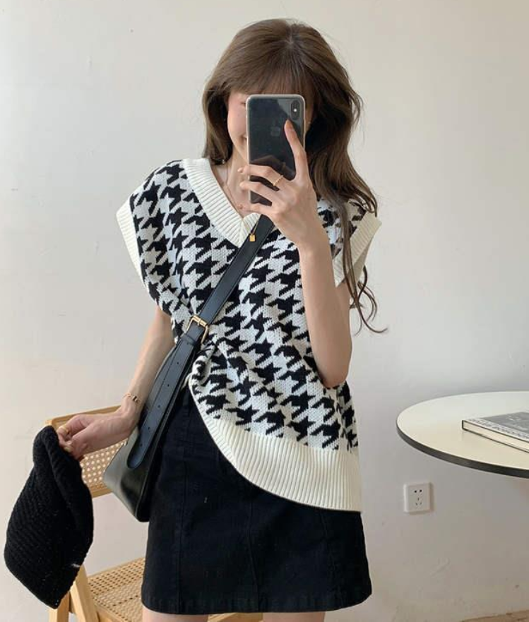 Áo Khoác Len Không Tay Dáng Rộng Màu Tương Phản Phong Cách Retro Cho Nữ