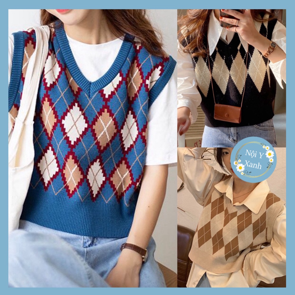 áo gile len nữ sọc caro  noiyxanh thiết kế quà phối nhiều sắc màu phong thái korea hot trend, phom đẹp, chất đẹp