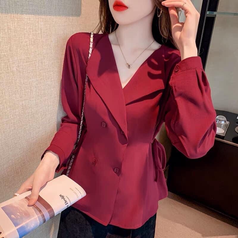 Áo sơ mi kiểu dáng vest vạt chéo thắt nơ bên công sở