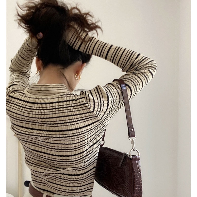 Áo cardigan Dệt Kim Tay Dài Dáng Ngắn Họa Tiết Kẻ Sọc Thời Trang Mùa Thu Kiểu Pháp Cổ Điển Cho Nữ