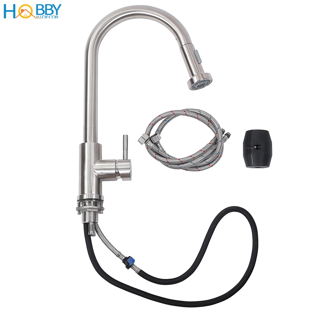 Vòi rửa chén nóng lạnh dây rút HOBBY Home Decor VDR4 Inox 304 - 2 chế độ phun - đầu vòi kéo dài - kèm 2 dây cấp