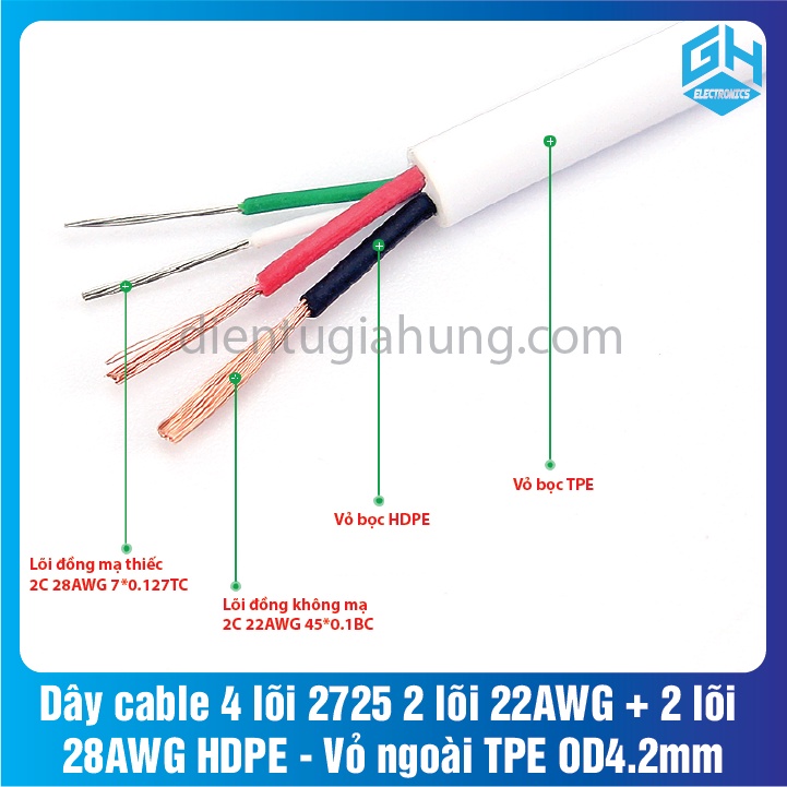 Dây cable 4 lõi 2725 2 lõi 22AWG + 2 lõi 28AWG HDPE - Vỏ ngoài TPE OD4.2mm