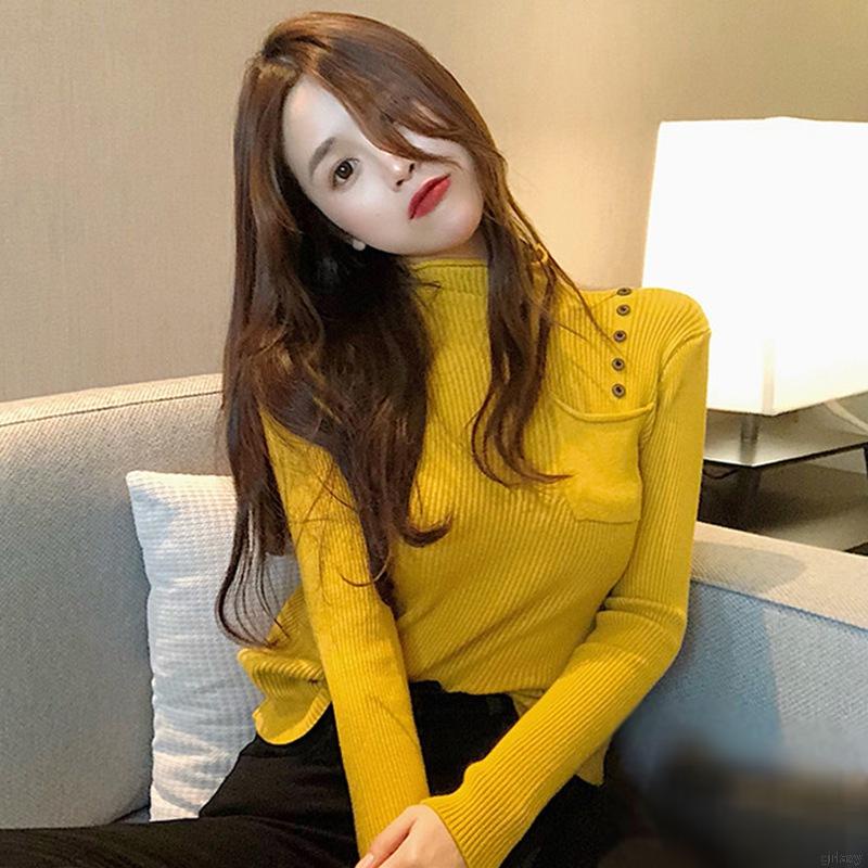 Áo Sweater Dệt Kim Mỏng Tay Dài Cổ Cao Màu Sắc Đơn Giản Phong Cách Hàn Quốc Cho Nữ