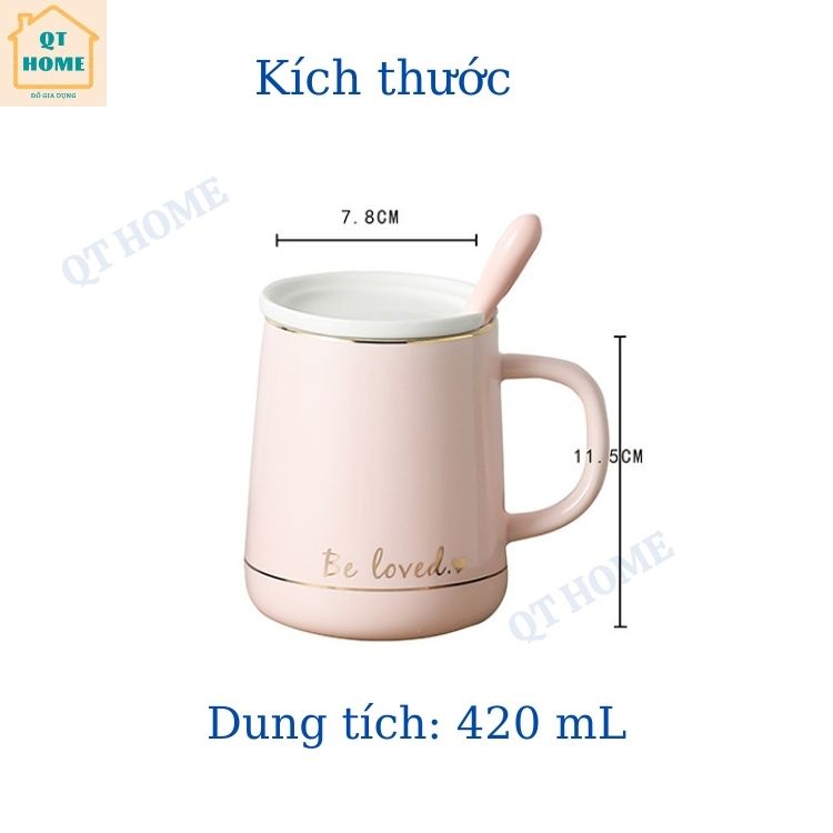 Ly Sứ Cao Cấp Có Nắp, Cốc Sứ Có Nắp, Thìa Muỗng Cán Sứ, Mẫu Be Loved, Dung Tích 420mL
