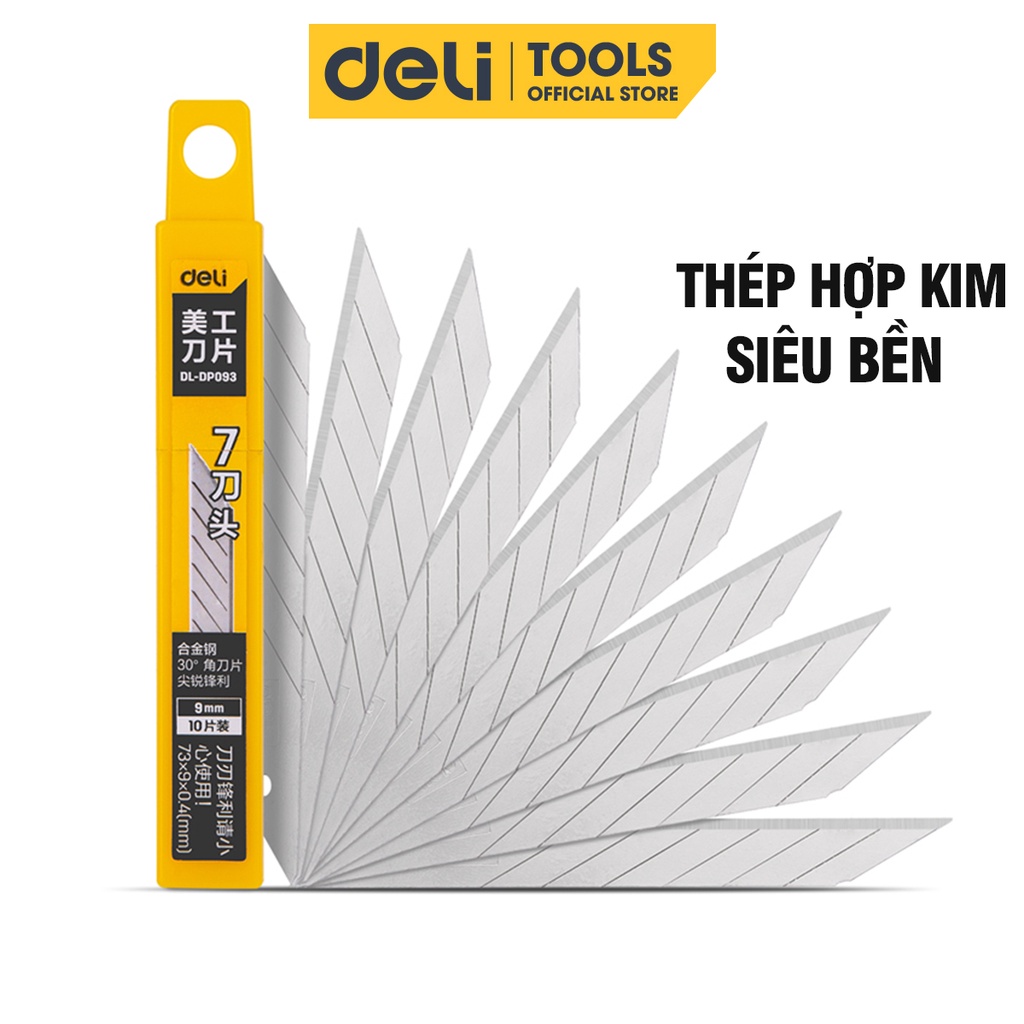 Hộp 10 Lưỡi Dao Rọc Giấy Deli, Chất Liệu Thép Hợp Kim Siêu Bền, Sắc Bén, Mũi Dao 30 Độ - DL-DP093