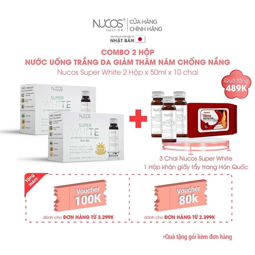 Combo 2 Hộp Collagen trắng da mờ thâm nám Nucos Super White 2x50mlx10 chai