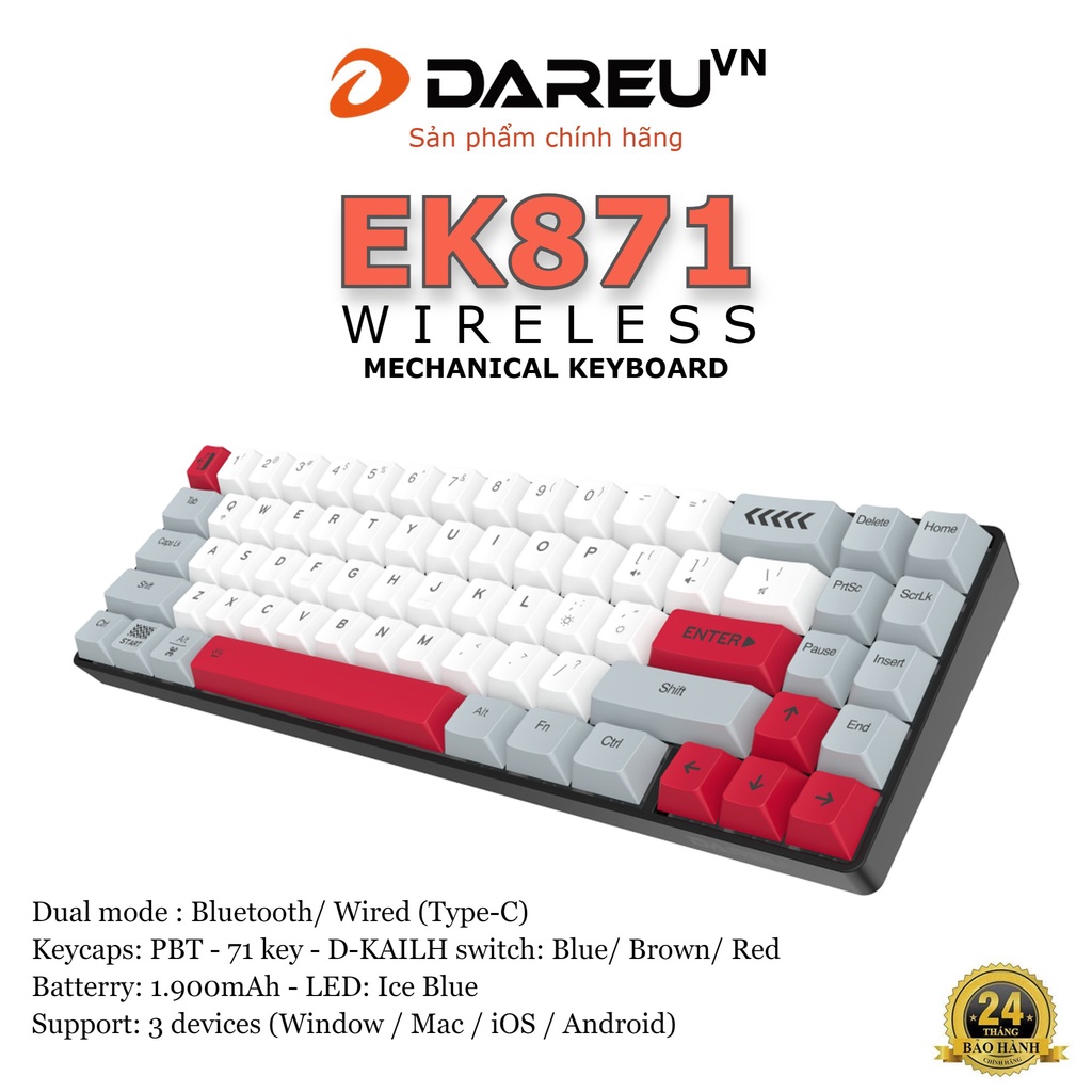 Bàn phím cơ không dây DAREU EK871 GREY-WHITE 71KEY