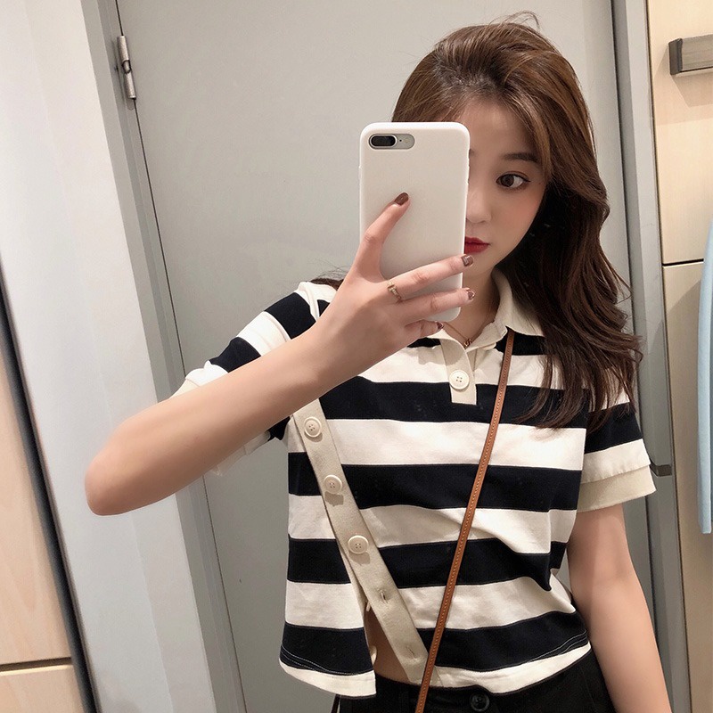 Áo Thun POLO Dệt Kim Tay Ngắn Dáng Rộng Kẻ Sọc Cá Tính