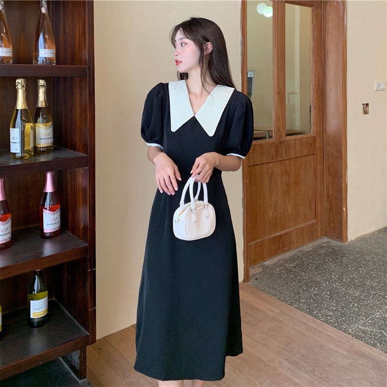 Đầm Tay Phồng Cổ Bẻ Màu Sắc Tương Phản Phong Cách Hàn Quốc Thời Trang Mùa Hè Xinh Xắn Cho Nữ