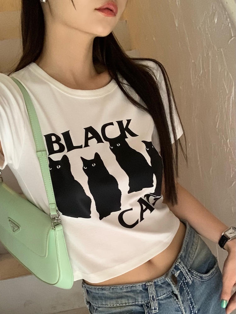 Áo Thun Lửng Tay Ngắn Dáng Ôm In Hình Mèo Dễ Thương Cho Nữ 50765