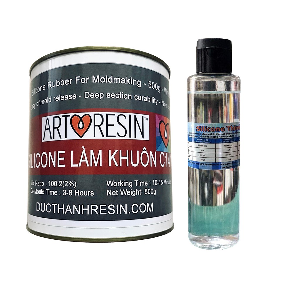 Bộ Silicone làm khuôn C141 cao cấp 500g và Dầu Pha Loãng Làm Lỏng Silicone - Giảm Bọt Và Tăng Thời Gian thao tác 150ml