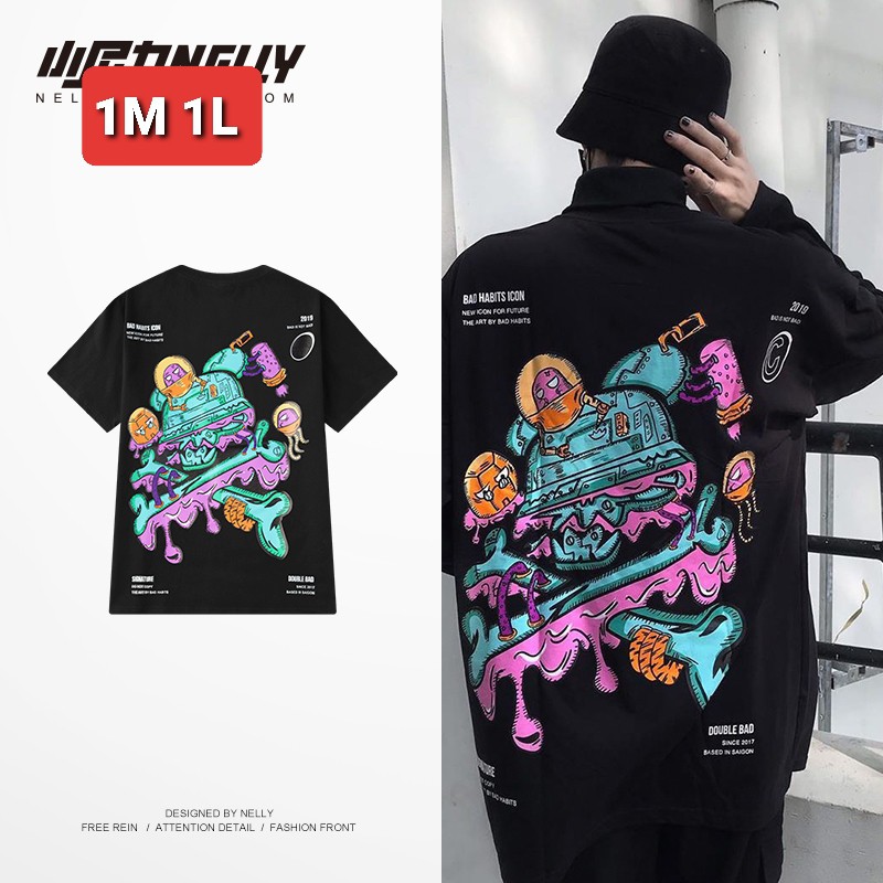 Áo thun form rộng tay lỡ cổ tròn nam nữ NELLY ulzzang có sẵn hình bad habit icon