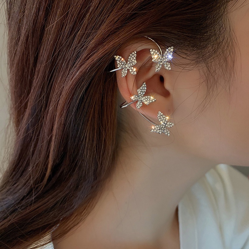 Khuyên kẹp tai thiết kế hình cánh bướm/ nơ/ ngôi sao kiểu chuỗi dài phối tua đính pha lê thanh lịch thời trang cho nữ