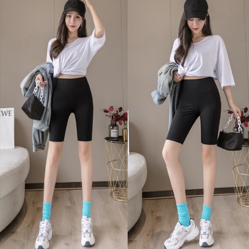 Quần short legging lưng cao co giãn mềm mại màu đen thời trang cho nữ