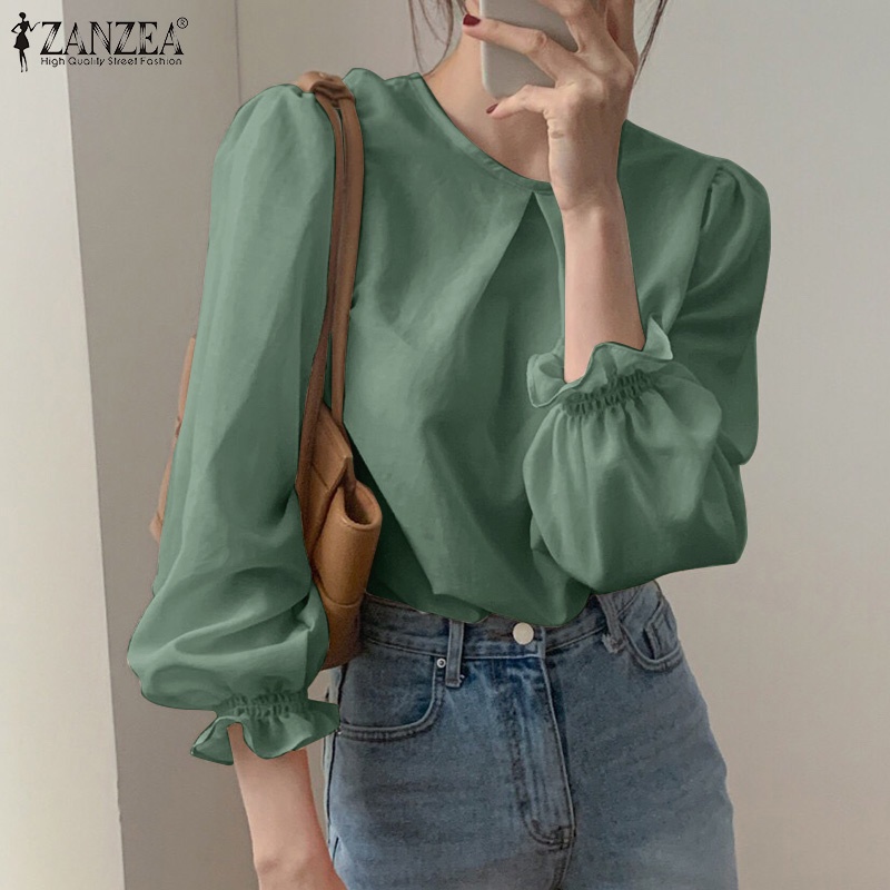 Áo ZANZEA tay dài cổ tròn màu trơn phong cách Hàn Quốc thường ngày dễ phối đồ cho nữ