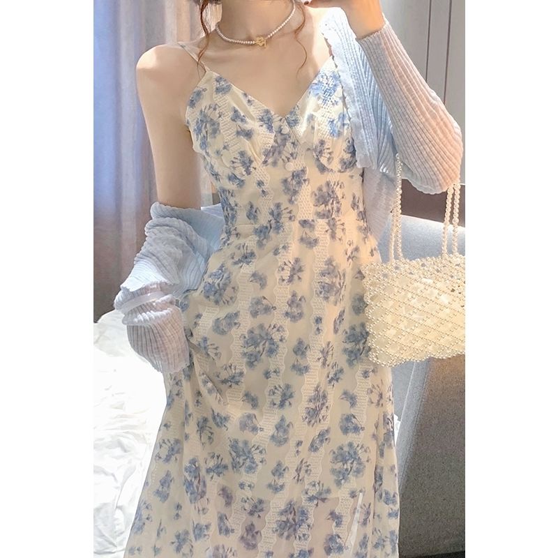Chiffon floral suspender dress women's early spring autumn  new French waist-tight sweet and spicy dress set