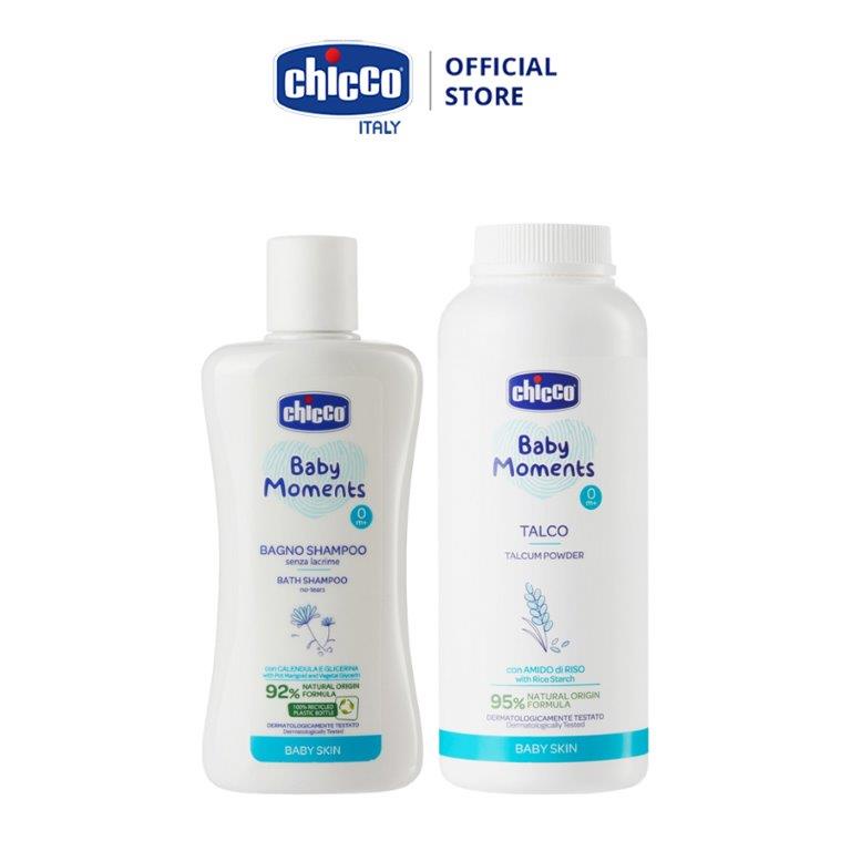 Combo Sữa tắm gội chiết xuất Hoa cúc 0M+ Chicco 200ml (117274) và Phấn rôm tinh bột Gạo Chicco 150gr  (mới)