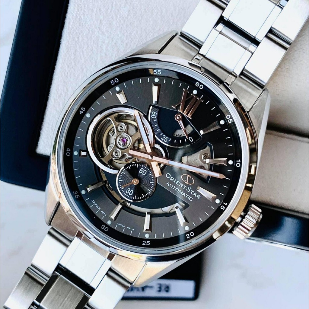 Đồng hồ Nam Orient Star RE-AV0004N00B Automatic Mặt đen,Hở tim,Báo cót-Máy cơ tự động-Dây kim loại-Size 41mm