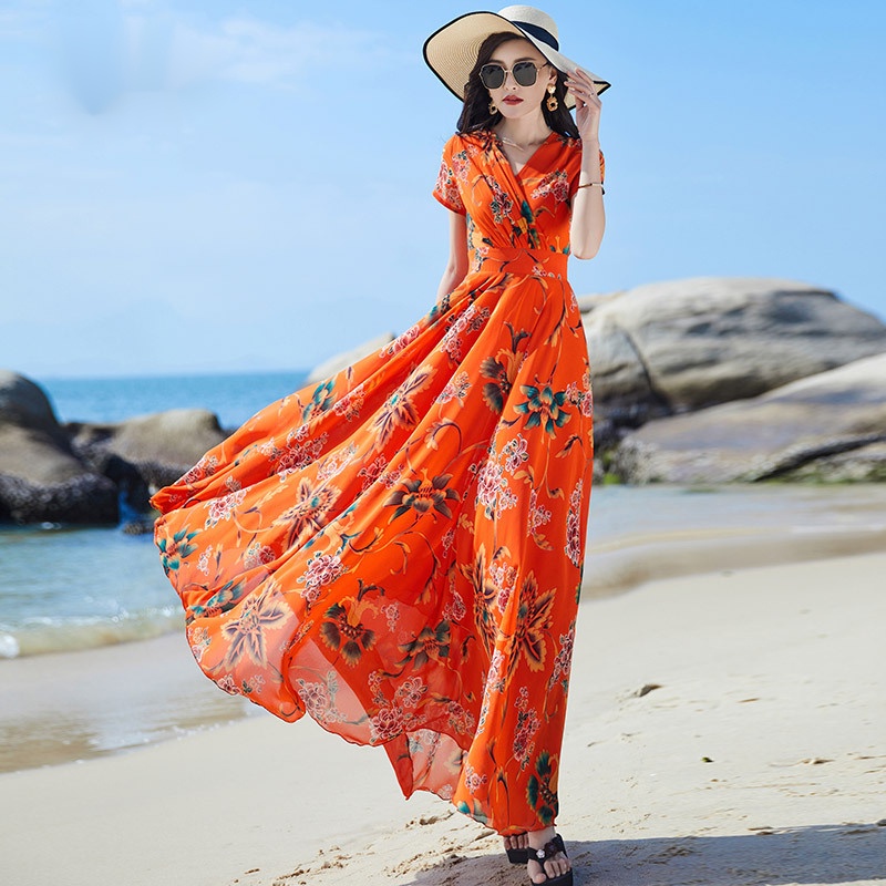 Đầm Chiffon Cổ Tròn Tay Ngắn Dáng Dài Qua Gối Thời Trang Đi Biển Cho Nữ