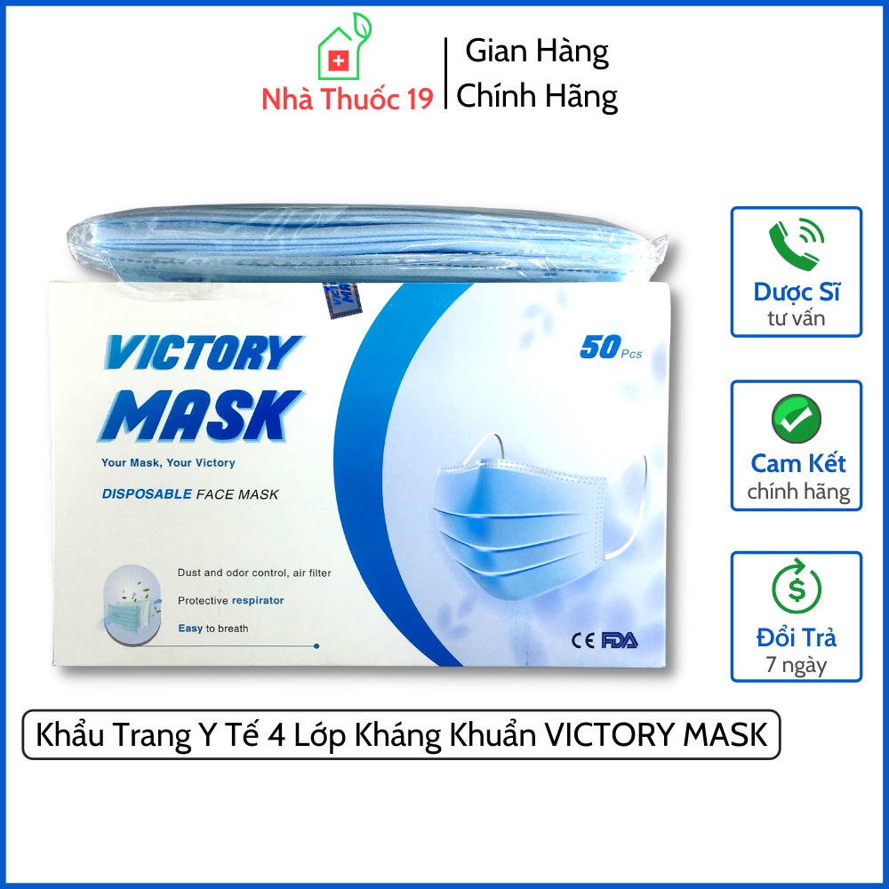 Khẩu trang y tế VICTORY MASK 4 lớp kháng khuẩn - Hộp 50 chiếc chính hãng bảo vệ khỏi bụi bẩn, khí độc hại cho sức khỏe