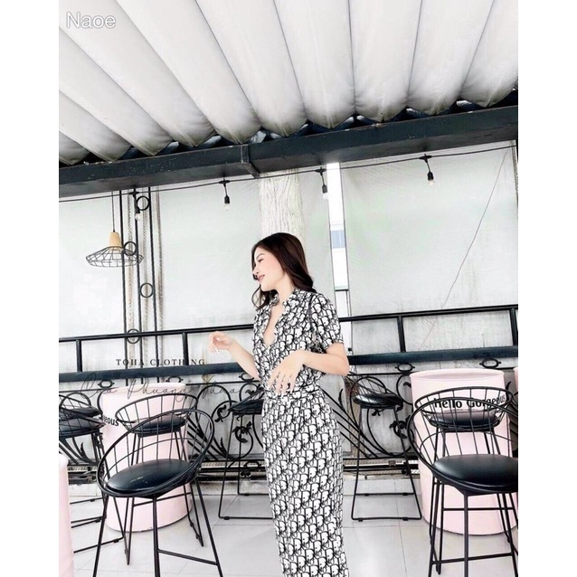 Jum dài hoạ tiết cổ vest cột nơ cực sang chảnh