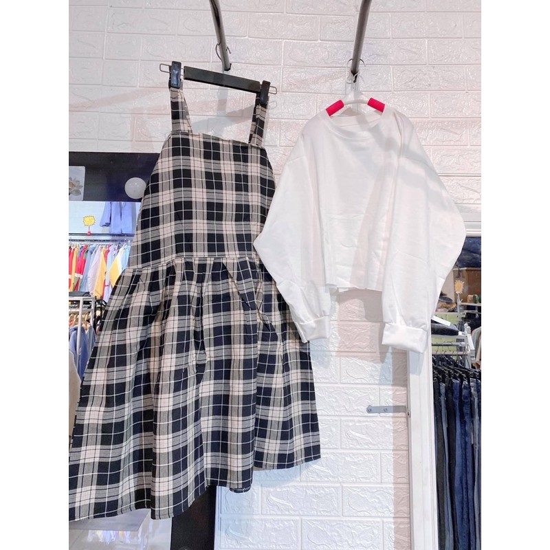 [Rẻ Vô Địch Set Váy Yếm Kẻ Caro Mới + Áo CroptopTay Bồng Ullzzang Ảnh Thật