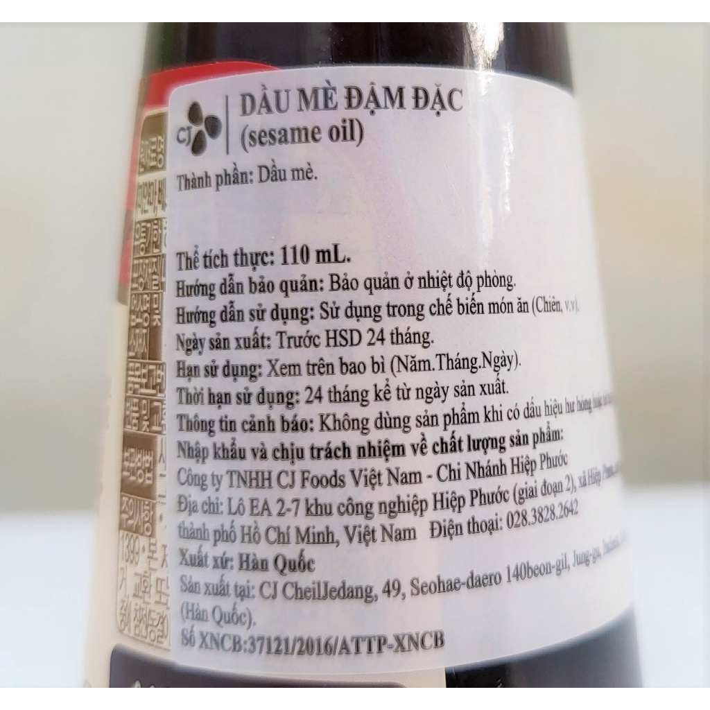 [Chai 110ml] DẦU MÈ ĐẬM ĐẶC Beksul [Korea] CJ FOODS Original Pure Sesame Oil