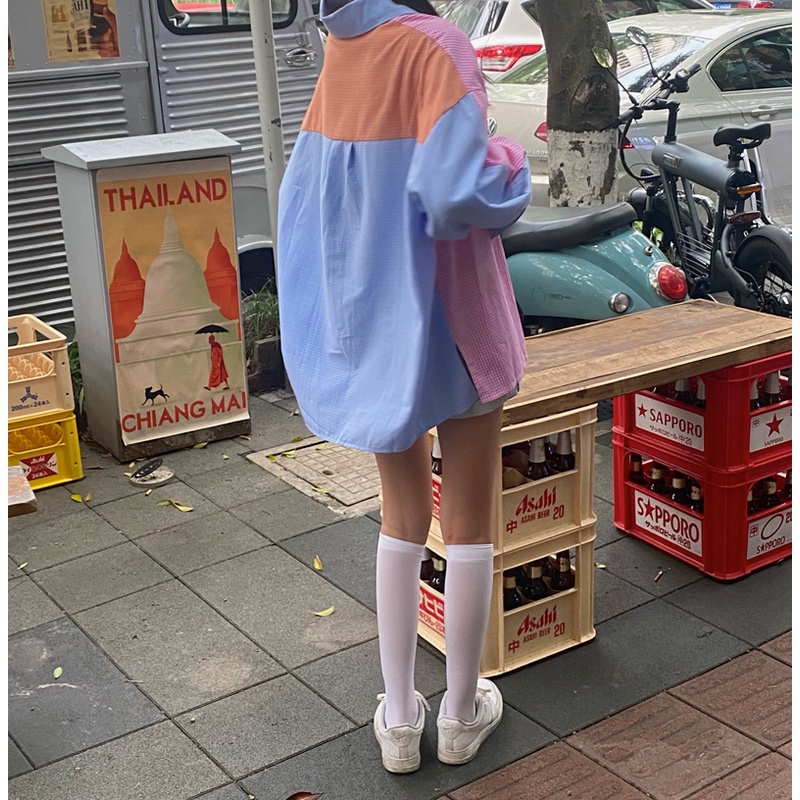 Áo sơ mi tay dài phối màu tương phản phong cách Hàn Quốc dành cho nữ