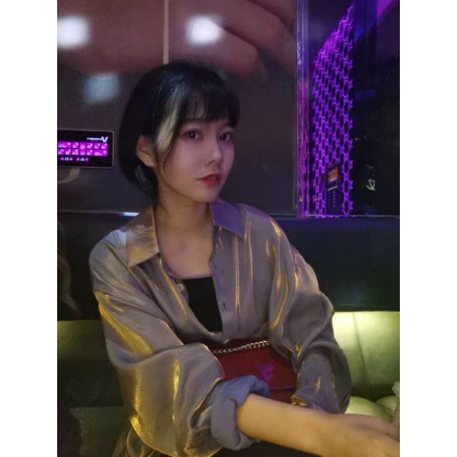 😍 Áo sơ mi nữ satin phi bóng phản quang màu ghi xám ánh nhũ vàng sang chảnh 💝 !