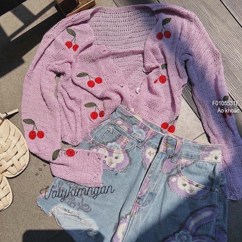 Áo khoác len croptop thêu quả cherri gài nút tay dài 0422