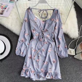 Đầm hoa xanh ôm xoè siêu xinh, cột dây hở lưng có kèm ảnh thật