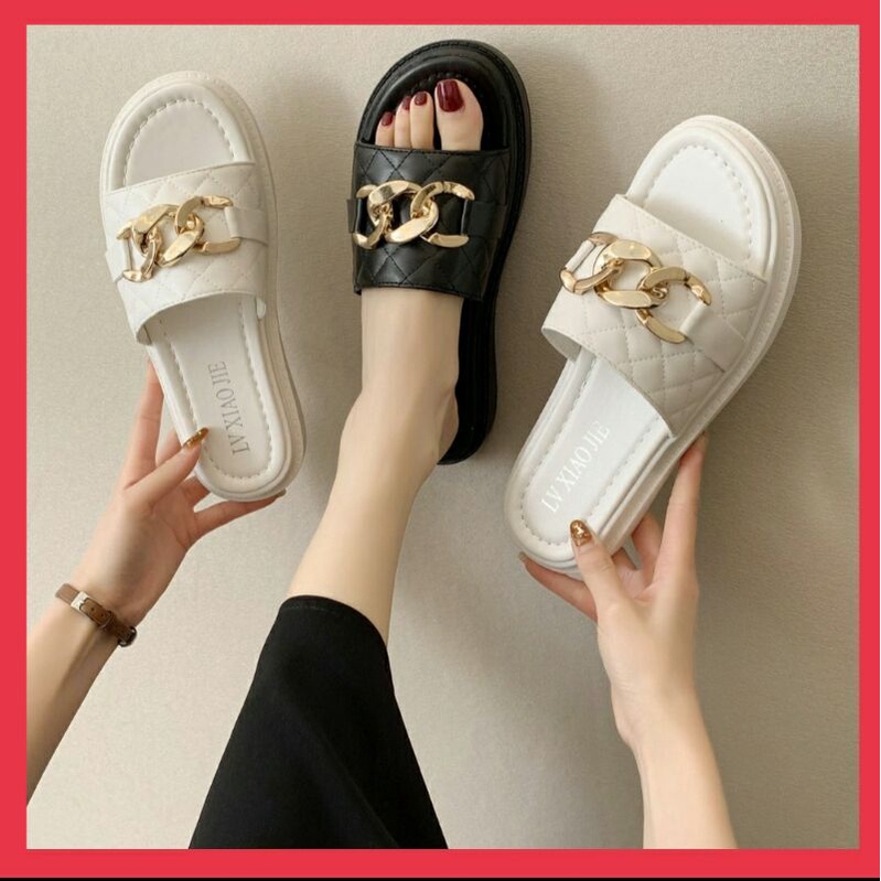 Dép Bánh Mì Nữ Quai Ngang Bản Dây Xích To Cá Tính Đế PU Siêu Nhẹ 3P Da Mềm Cực Êm