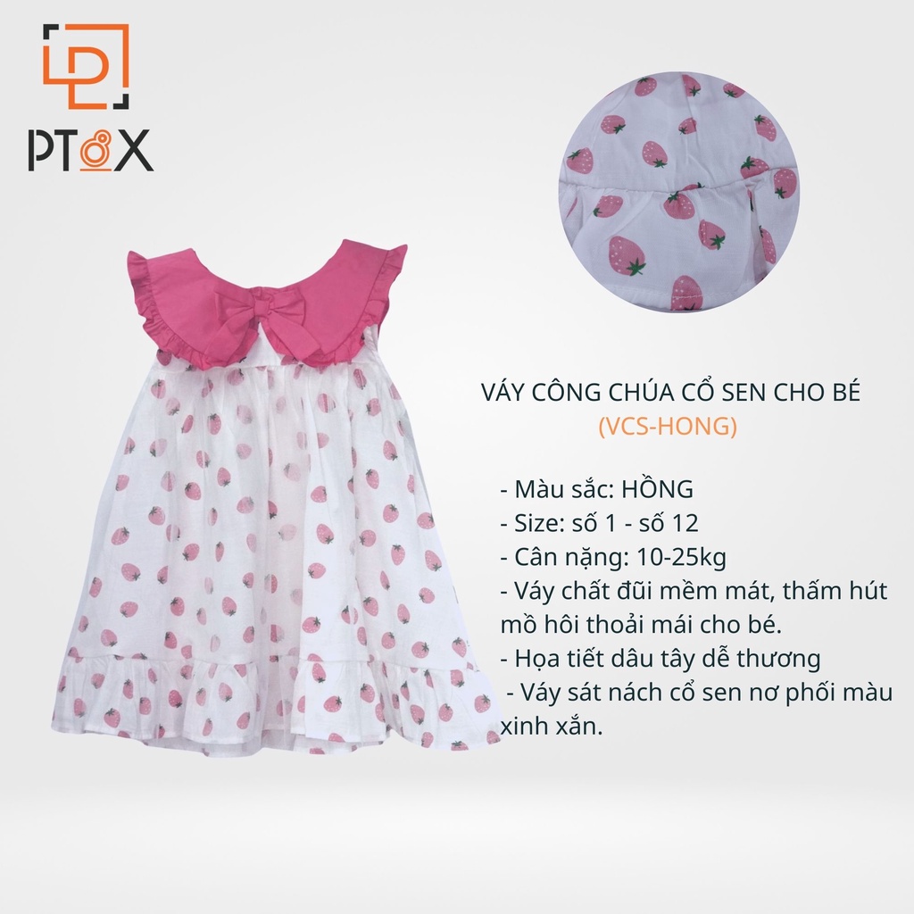 Váy Công Chúa Cổ Sen Dáng Babydoll Cho Bé Chất Đũi Họa Tiết Dâu Tây Dễ Thương 10-25kg PT8X