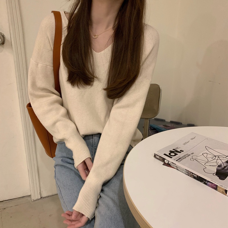 Áo Sweater Dệt Kim Cổ Chữ V Tay Dài Dáng Rộng Phong Cách Mới 45164