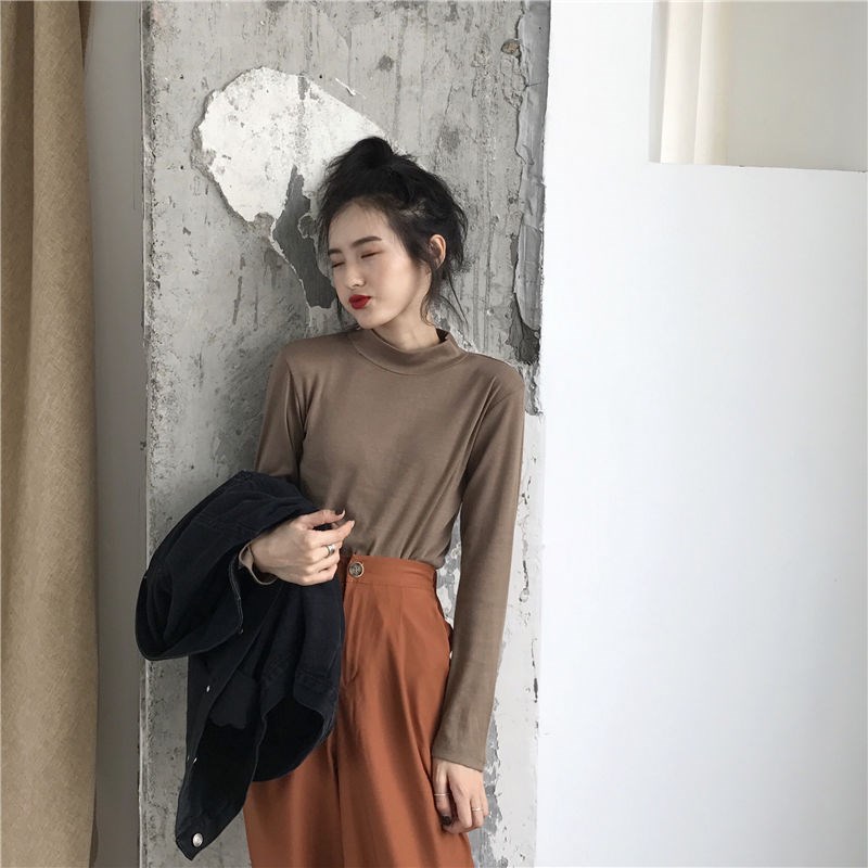 Áo Thun Ôm Tay Dài Cổ Lọ Màu Trơn Thời Trang Đơn Giản Dành Cho Nữ