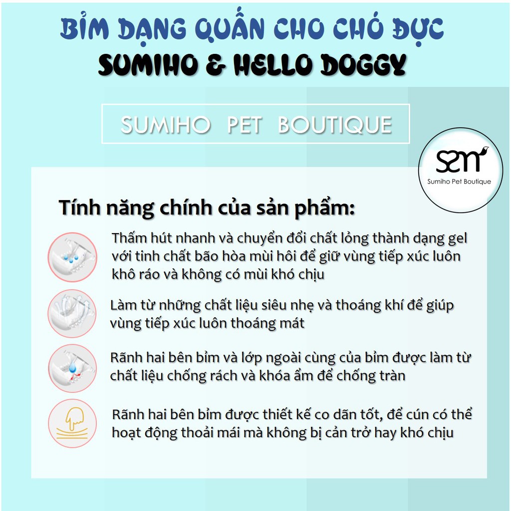 Bỉm quần cho chó mèo đực Sumiho size S (14 cái) dành cho chó 3-8Kg, eo 43.5cm x 22cm