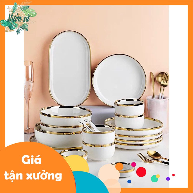 Bộ bát đĩa sứ trắng viền vàng dành cho 4-6 người - VS316