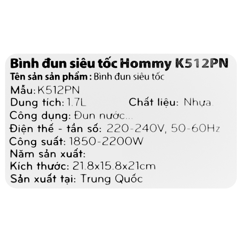 [Mã ELHADEV giảm 4% đơn 300K] Bình đun siêu tốc inox Hommy K512PN 1.7 lít - Chính hãng BH 12 tháng