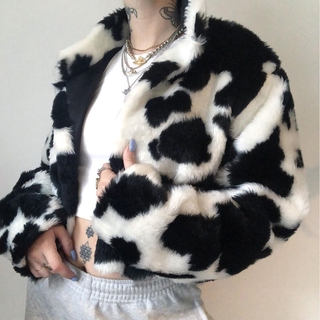 Áo Khoác Cardigan Cổ Đứng Dáng Rộng Họa Tiết Bò Sữa Phối Lông Phong Cách Retro Mỹ