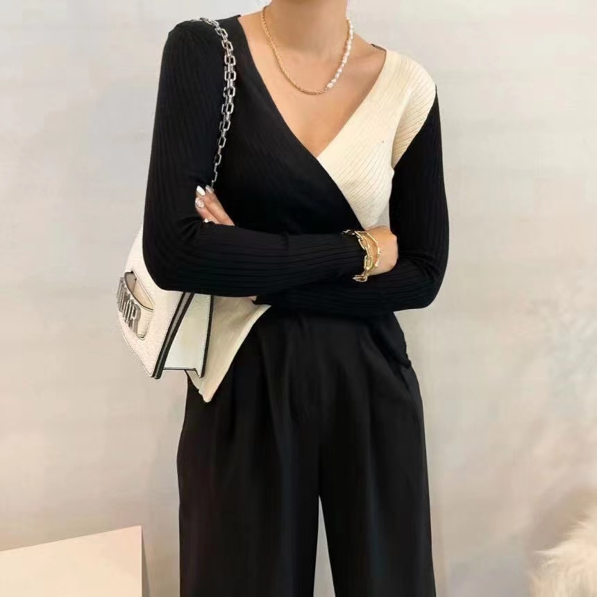 SUXI Áo kiểu dệt kim tay dài cổ chữ V bắt chéo màu sắc tương phản phong cách Hàn Quốc thời trang dành cho nữ